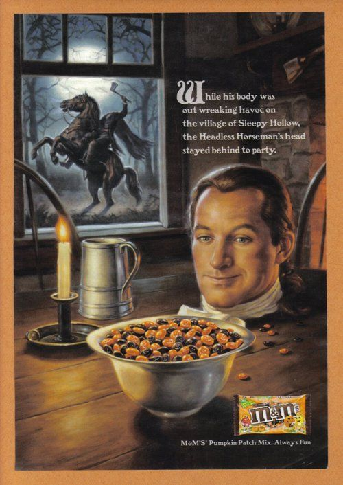 An illustration showing the headless horseman outside of a window. His head is on a table next to a lit candle and a bowl of M&Ms candy.