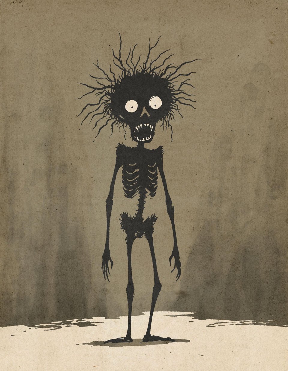 A scrungly skeleton with wild spikes on its head stands attentively