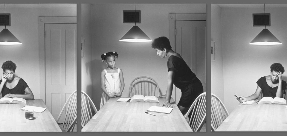a multi-panel black and white photo of a woman and a child at a table