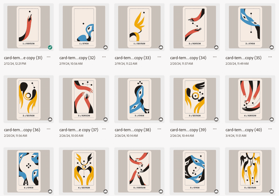 A preview of 15 cards, all in primary colors.