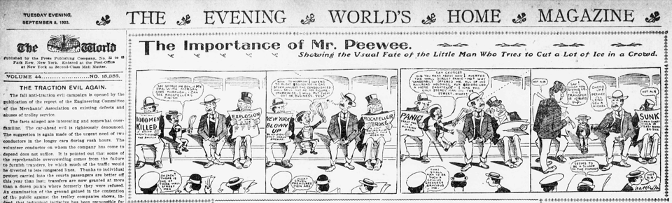 Cartoon of The Importance of Mr. Peewee showing the tiny title character (shrinking across four panels) pontificating on his financial acumen until it turns out in the final panel he lacks a current transit transfer pass, showing his talk of money is hooey