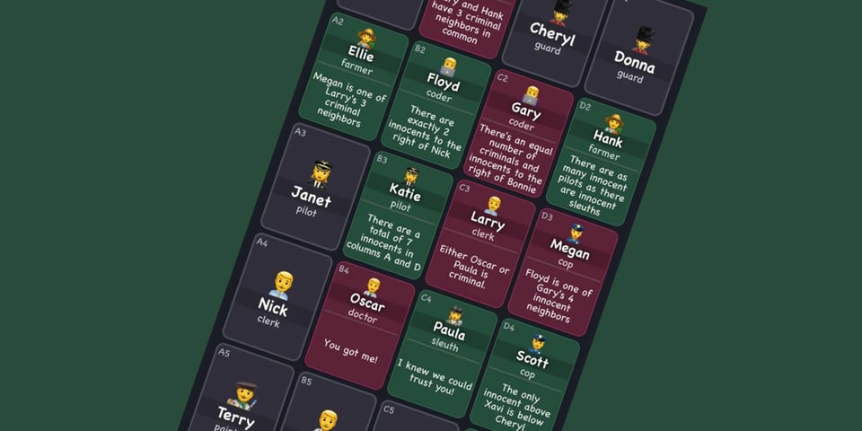 The Clues by Sam logic puzzle board.