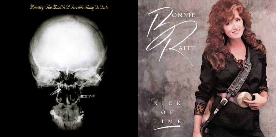 First pic: On a black background, an X-ray of a human skull. There appear to be metal bracers or attachments of some kind within the flesh of the head, two near the nasal area and one on the right side near where the ear would be.  Second pic: A photograph of Bonnie Raitt, a lean white woman with big curly reddish brown hair with a slight streak of white on the front. She's dressed in black, possibly leather, and the shirt underneath has a tiger pattern print. She's smiling. Slung around her shoulder is her guitar, but the guitar is on her hip and mostly cut out of the picture, so we only really see the strap, which looks vaguely like snake skin. One hand is on the guitar, and the other is on her giant metal circular belt buckle. The belt buckle has a red-brown circle in the middle, and she has her finger on it, like pressing a button.