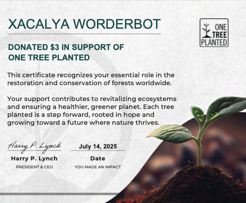 Certificate of donation to One Tree Planted
