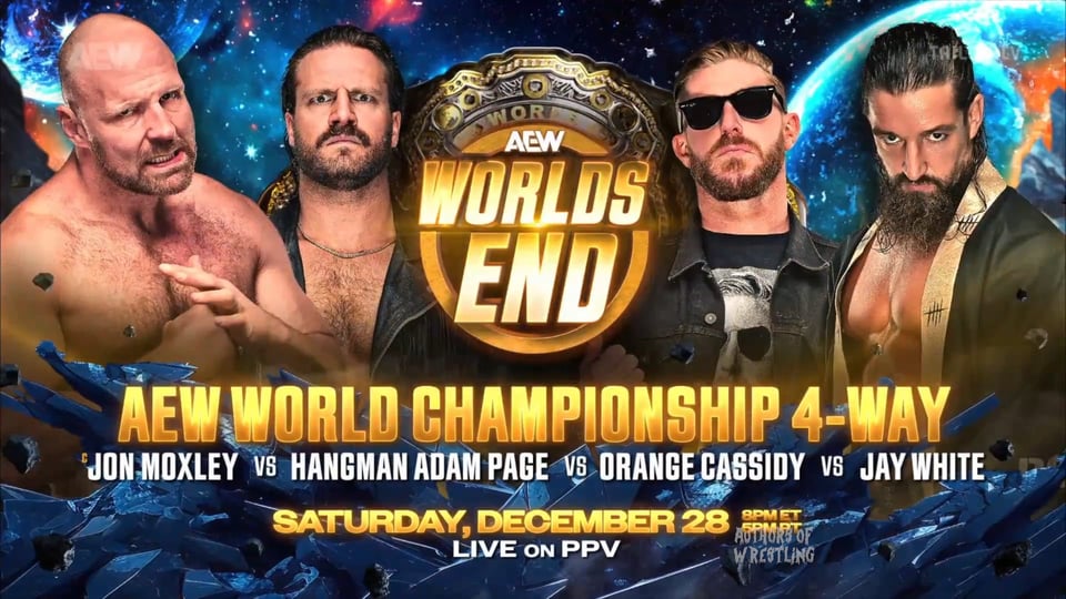 World's End PPV main event 4-way featuring Jon Moxley, Adam Page, Orange Cassidy, and Jay White.