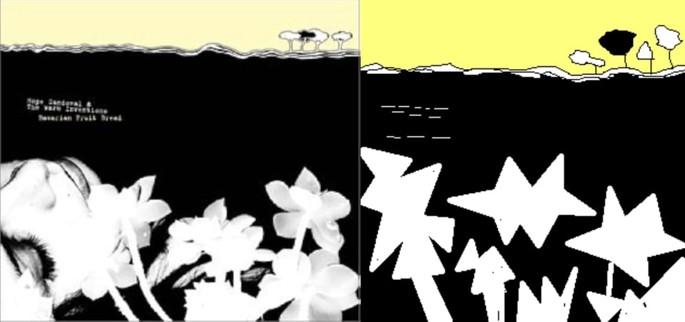 On a black background is the black and white photo of a white woman (I believe Hope Sandoval) on her back -- but only her upside down head is visible. To the right are several white flowers. Above this, a series of white lines cuts across the black backround, forming a kind of side view of the contours of a landscape. On top of these lines are four trees, drawn in pen and ink.