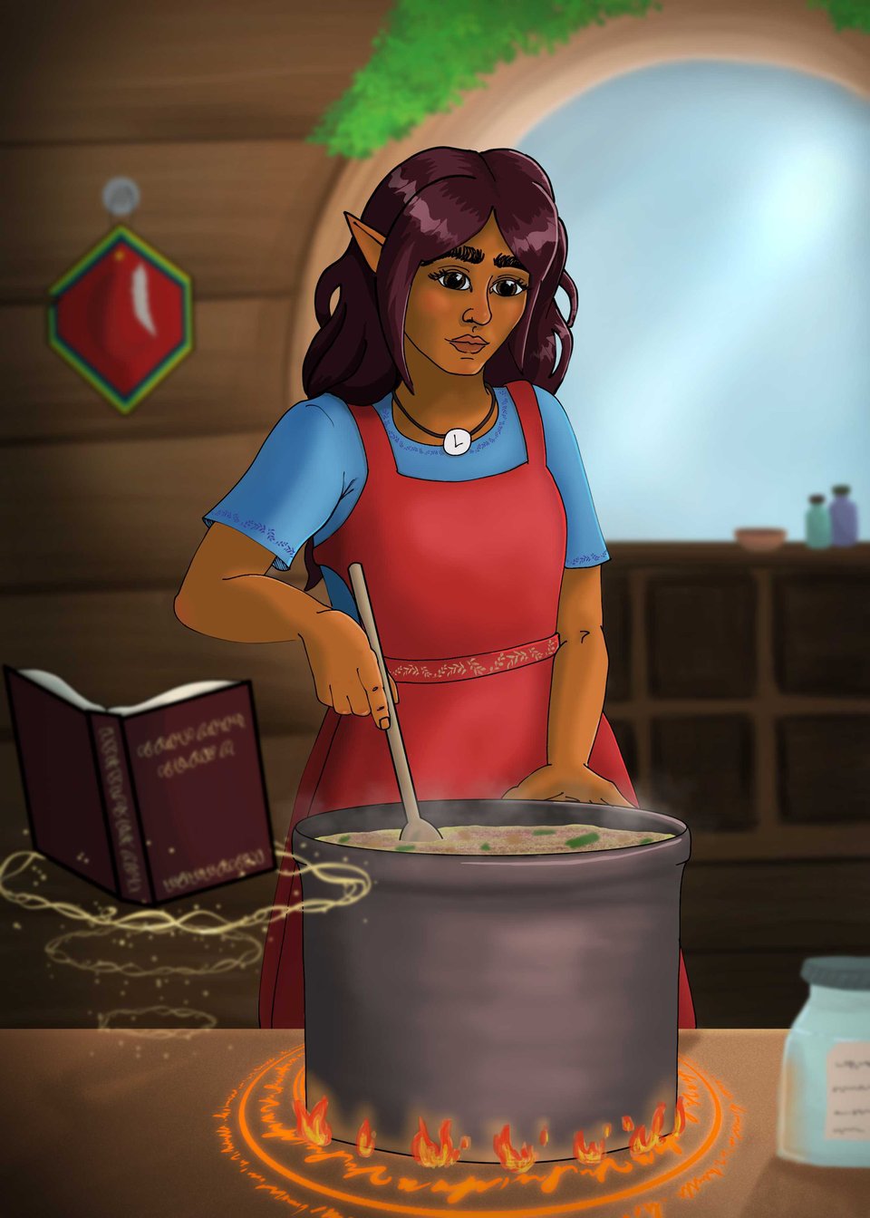 Digital art of a witch in a red dress over a blue t-shirt stirring a large pot. A book flies in front of her. Her skin is darker and her hair is a purple-brown colour.