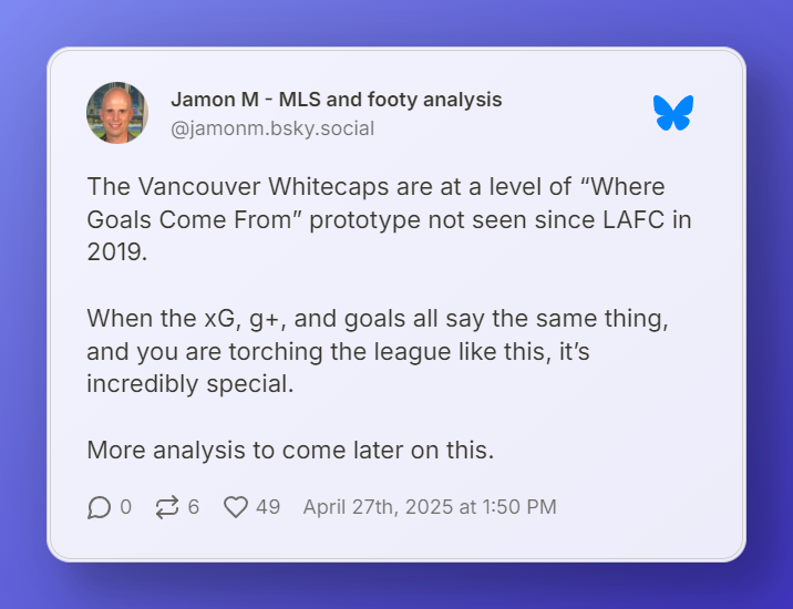 A Bluesky post from Jamon M outlining the Vancouver Whitecaps FC advanced statistics.