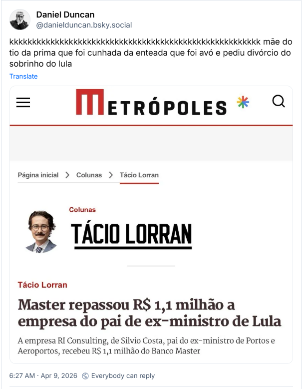 Post de Daniel Duncan (‪@danielduncan.bsky.social‬): kkkkkkkkkkkkkkkkkkkkkkkkkkkkkkkkkkkkkkkkkkkkkkkkkkkkkkk mãe do tio da prima que foi cunhada da enteada que foi avó e pediu divórcio do sobrinho do lula (Captura de tela do portal Metrópoles com o título: 'Master repassou R$ 1,1 milhão a empresa do pai de ex-ministro de Lula'. Abaixo, o subtítulo informa que a empresa RI Consulting, de Silvio Costa, recebeu o valor do Banco Master. À esquerda, foto e nome do colunista Tácio Lorran.)