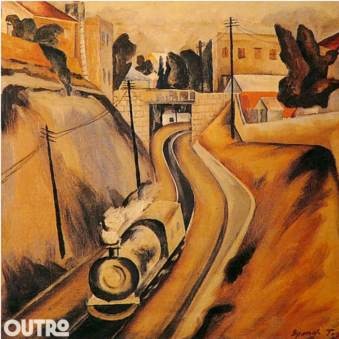 An early 20th century painting of a train running through Tel Aviv.