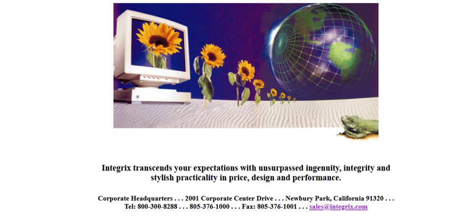 The header image from Integrix's Corporate Address page displays sand dunes with a line of sunflowers, a random iguana, and a planet earth over the horizon, covered in longitude and latitude line, for some reason.