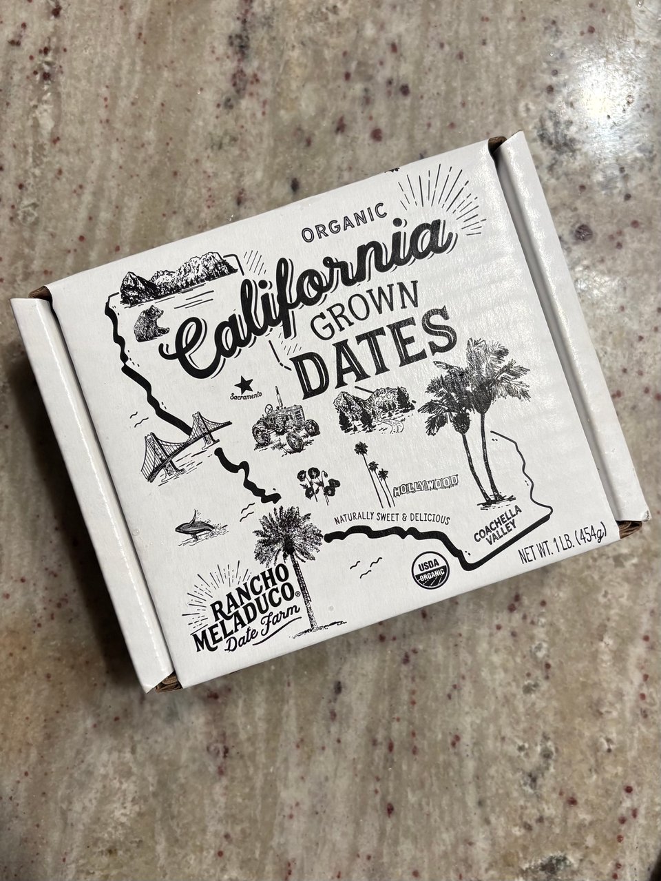 A box of Rancho Meladuco dates.