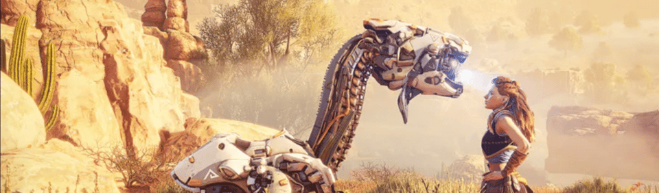 A screencap from Horizon: Zero Dawn, in which the player controlled character, Aloy, stares down a small dinosaur looking robot. 