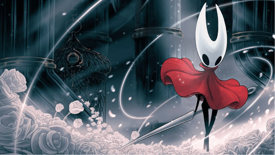 Release art of Hornet from silksong on a dark background with white roses about her feet