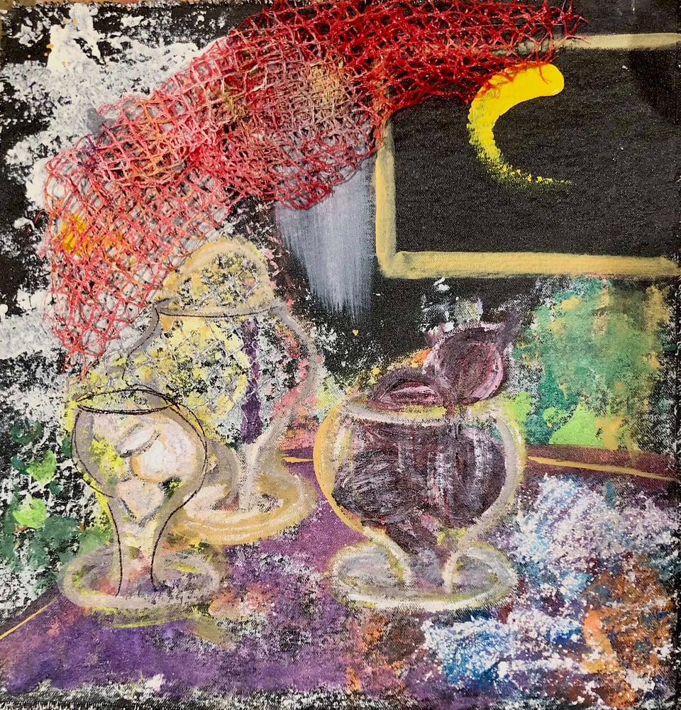 a colorful still life with mixed-media elements