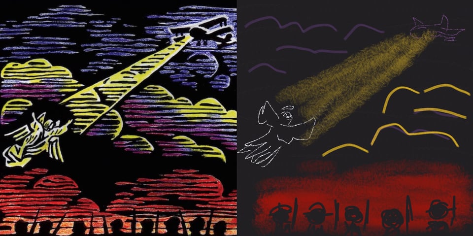 A color drawing intended to look like a woodcut. At the top, in blue clouds, is an airplane shining a yellow light to an angel in the middle of the image amongst indigo clouds. Below the angel are silhouettes of heads of soldiers, possibly WWI, with red clouds behind them.