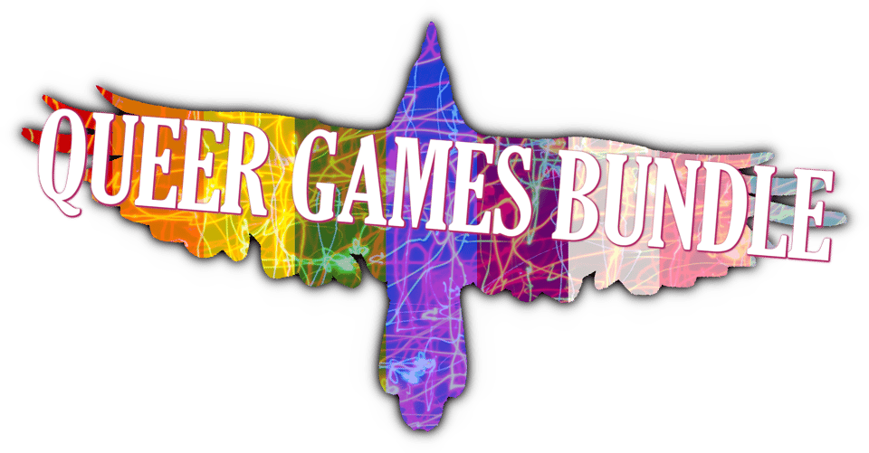 illustration shows the outline of a soaring bird, filled in with the colors of the queer and trans pride flags. text over the top reads "QUEER GAMES BUNDLE."