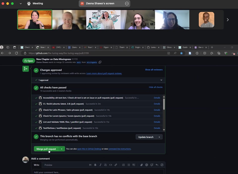 Screenshot of Github page with button for 'Merge Pull Request' being clicked in real time, adding to the project.