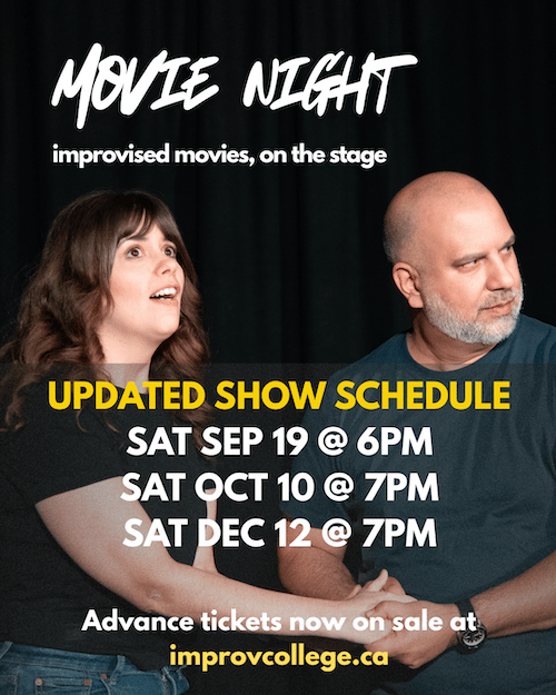 Katie and Vinny hold hands on a black backdrop on a stage with the show information text overlaid