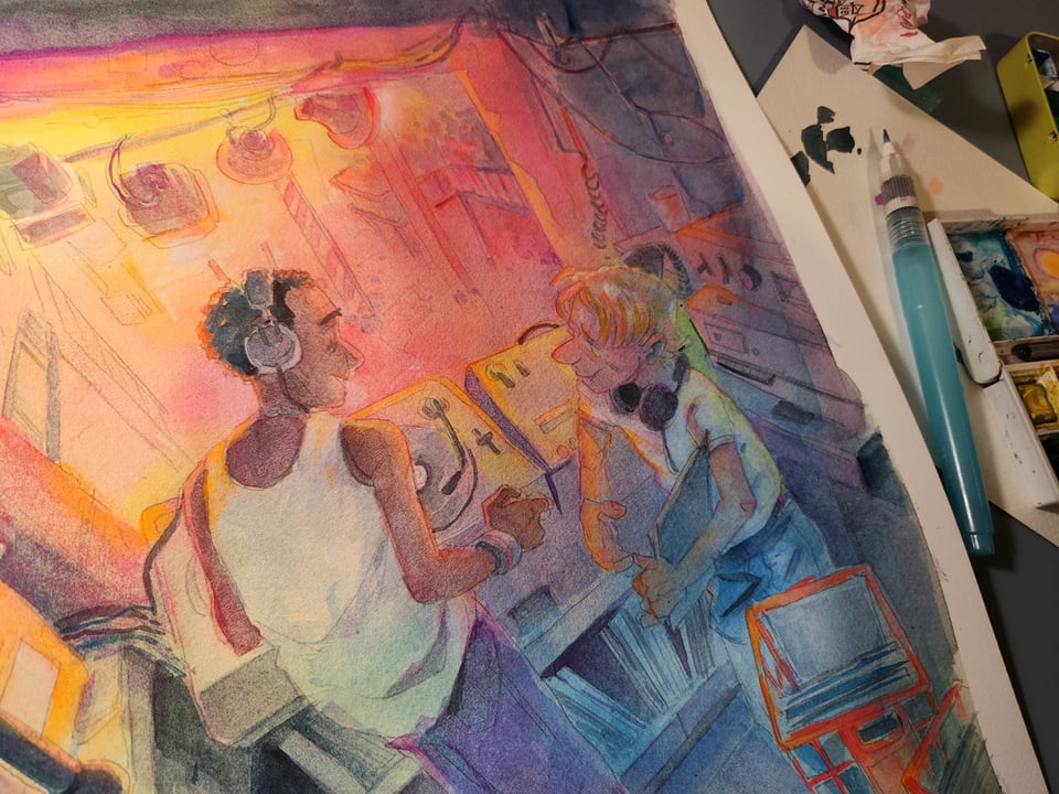 A work in progress photo of a painting of two DJs at the Hacienda in the 90s.