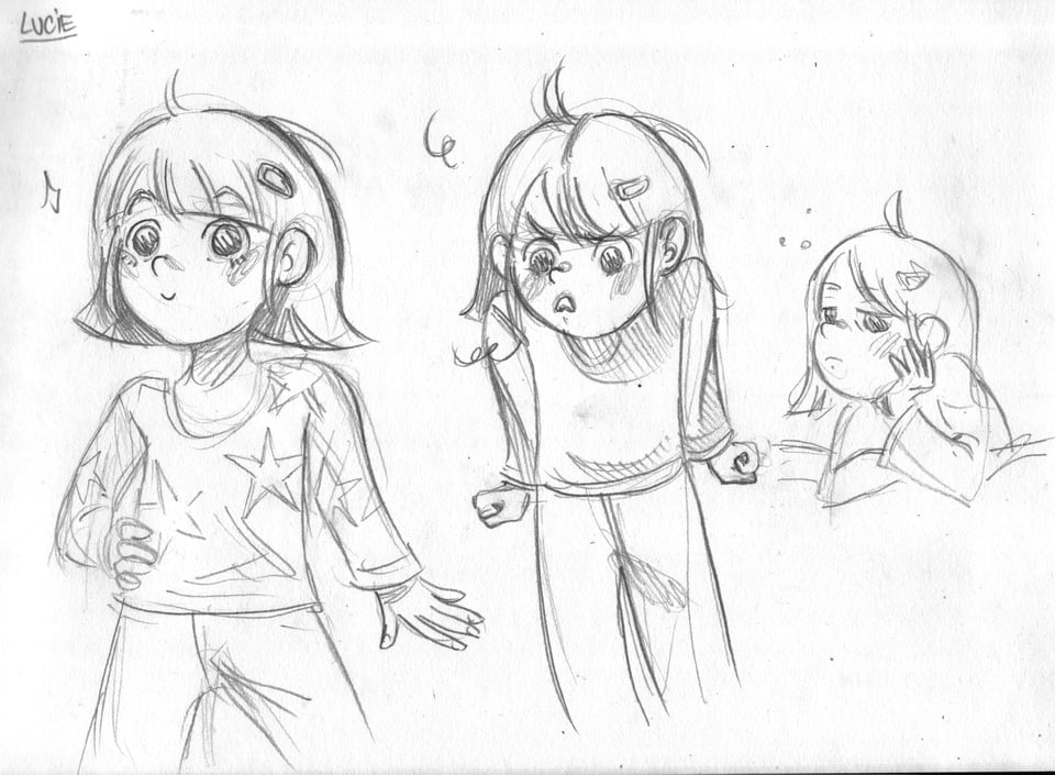 Concept art of Lucie. She’s a young blonde girl, maybe 6 years old. On the first drawing, she’s wearing a starry pajama. On the second one she looks angry, and on the last one, she looks bored.