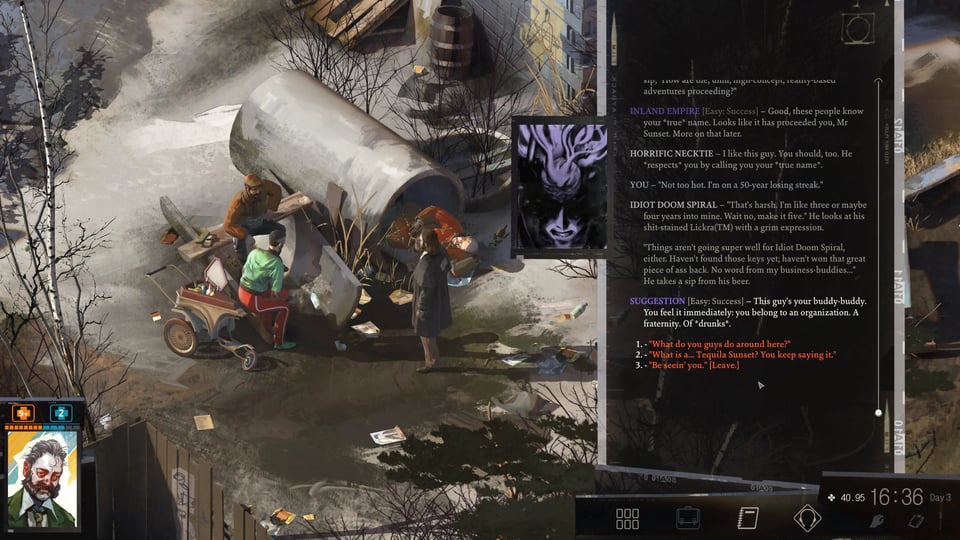 A screenshot of Disco Elysium, showing the dialogue panel open
