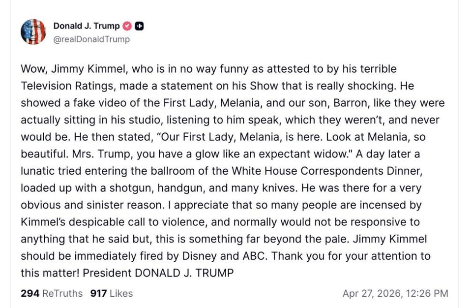Trump’s again off the rail tweet on Kimmel