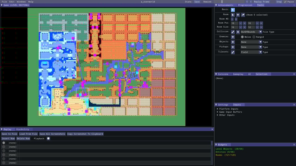 A level editor screenshot of an action-adventure game overworld, half of which is filled in and half of which consists of empty room templates.