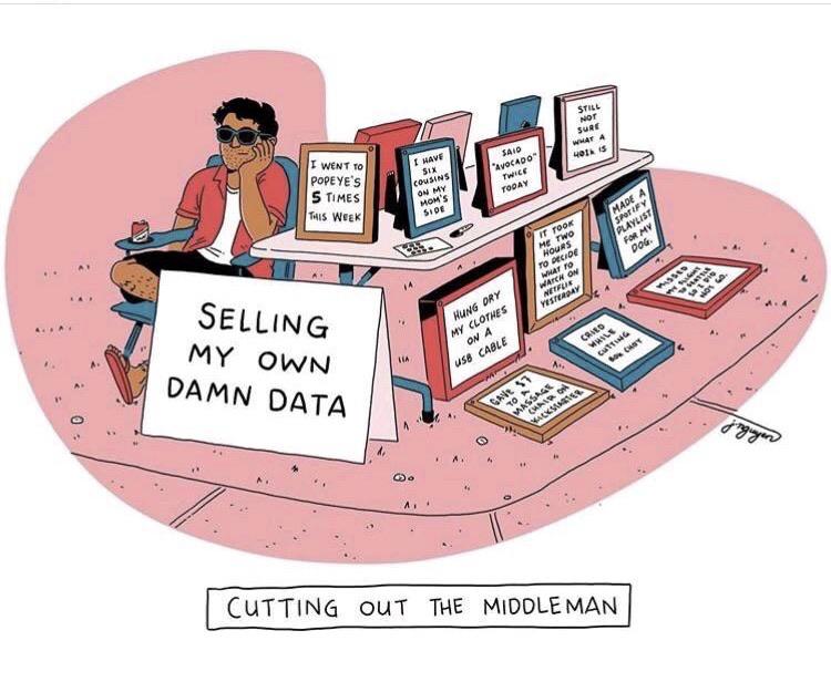 A comic featuring a guy sitting at a table with signs describing information about him. He has a main sign that says, "Selling my own damn data" and the caption of the image is "cutting out the middleman"