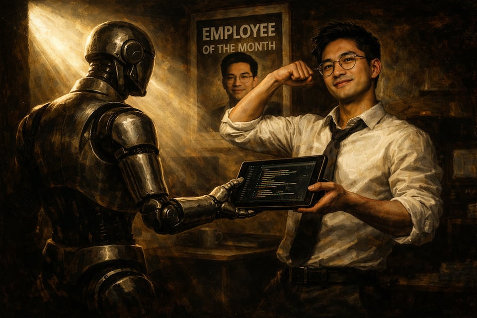 Baroque-style illustration of a humanoid robot handing a tablet full of code to a confident software engineer flexing in a dim office, with an “EMPLOYEE OF THE MONTH” poster of the engineer in the background—suggesting AI can generate code, but the engineer remains in charge.
