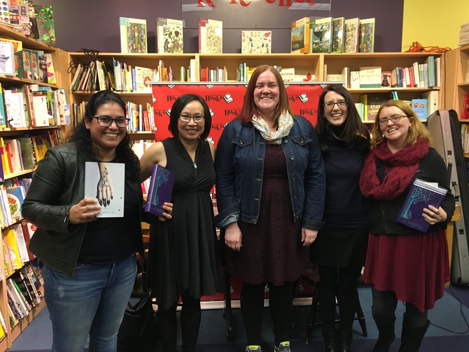five people after a book event (the author is rather overwhelmed)