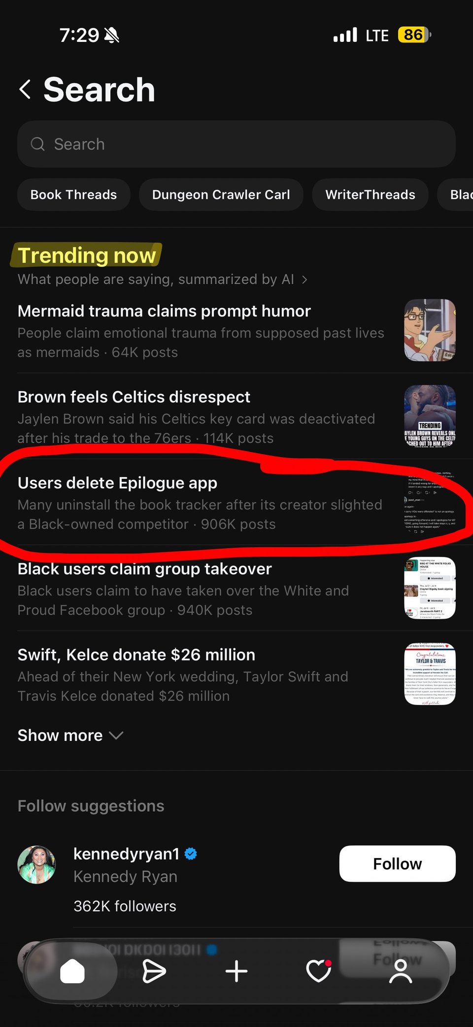 Screenshot of the Threads search page showing the trending topic "Users delete Epilogue app," summarized as: "Many uninstall the book tracker after its creator slighted a Black-owned competitor." The topic is outlined in red and has a "903K posts" label.