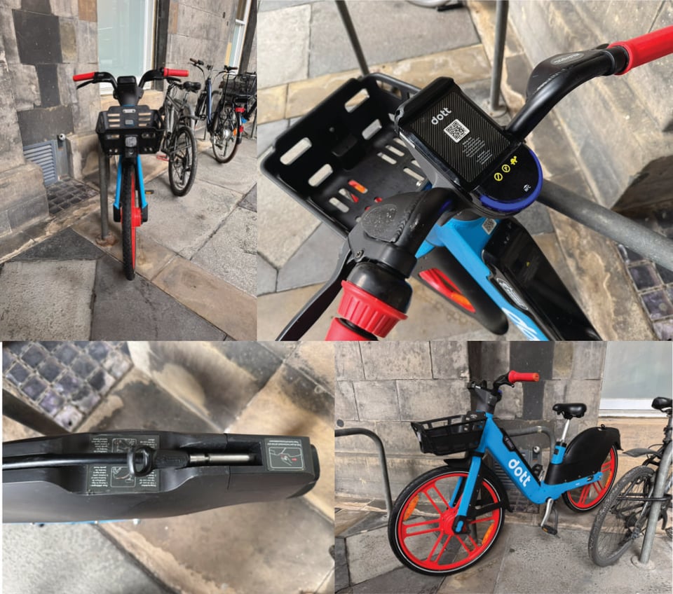 Multiple images stitched together show different aspects of the Dott hire bike. One depicts the bike from the front with its black plastic basket; another shows a view from the handlebars, another the overall shape of the bike, and one shows an integrated black cable lock that tucks neatly into the top of the rear wheel guard.