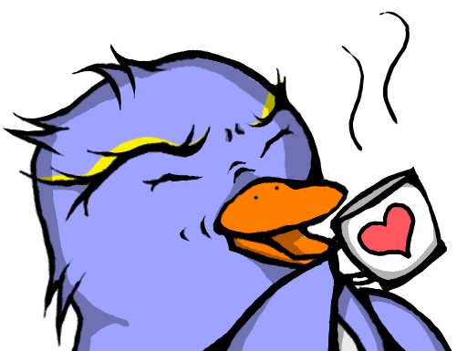 Adele the purple penguin sipping from a white coffee mug with a red heart on it, like the Ko-Fi logo