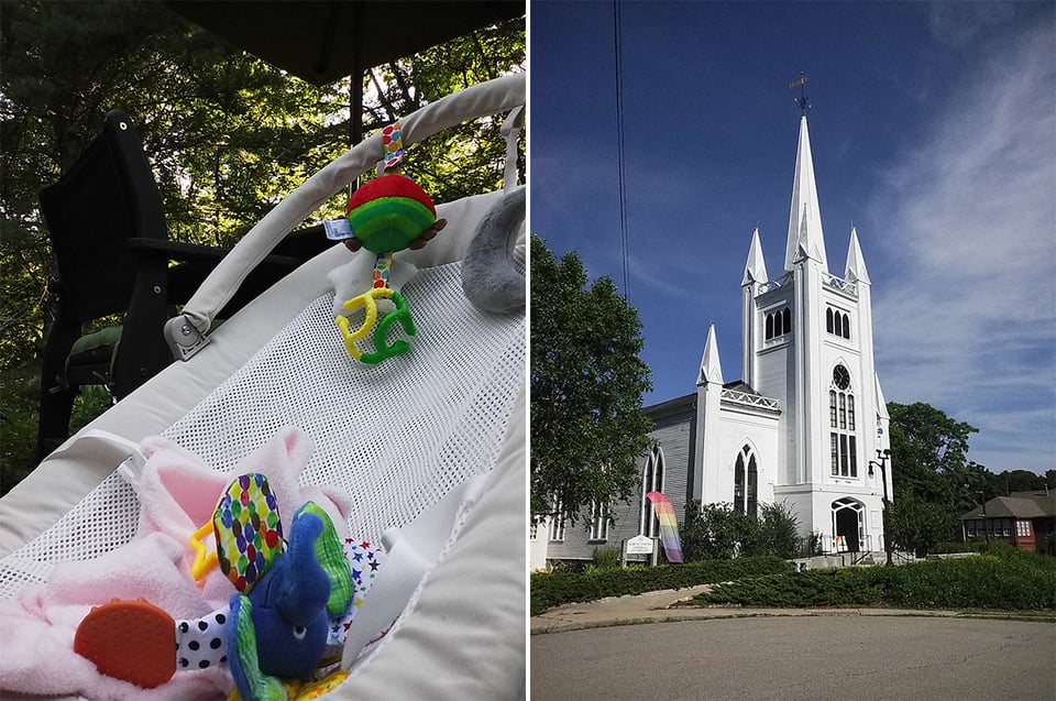 Two digital Instax photos: left, a toddler's mesh chair, with various colorful teething toys; right a white church and steeple, against a deep blue sky