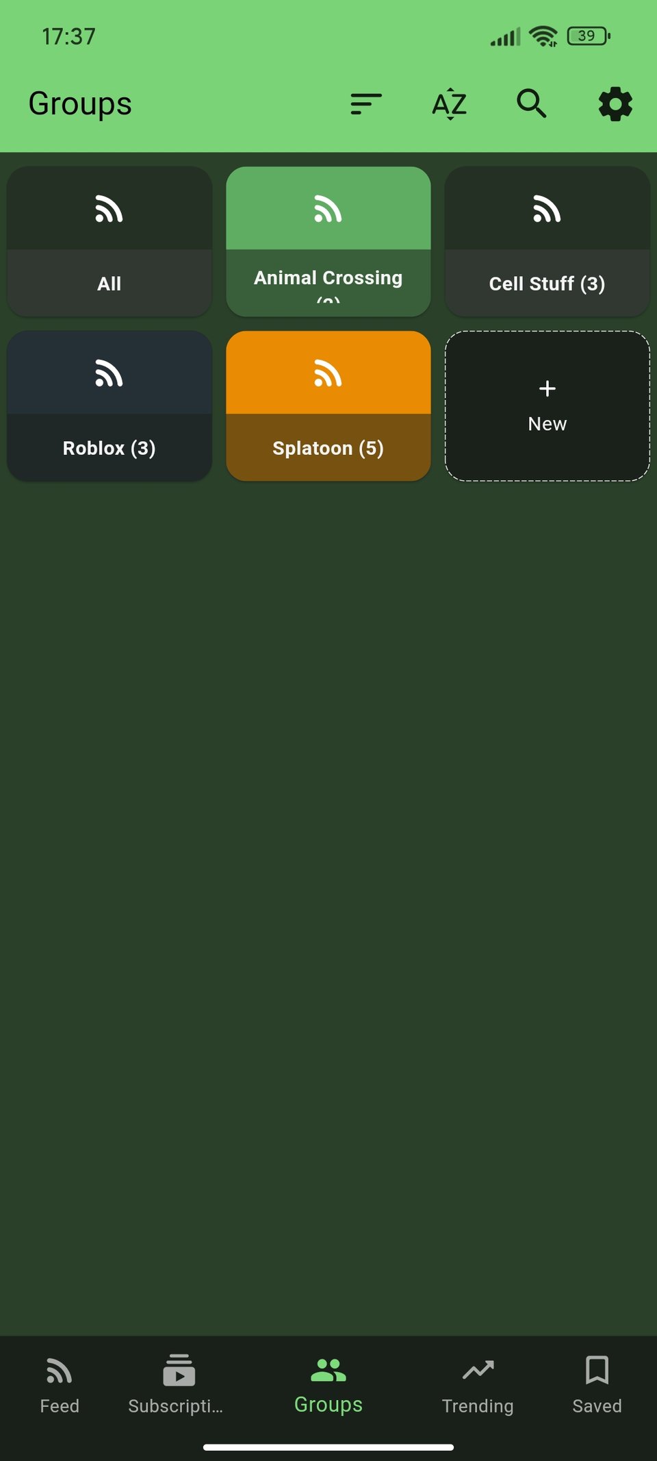 Squawker application, showing groups tab with 4 groups: Animal Crossing, Cell Stuff, Roblox and Splatoon