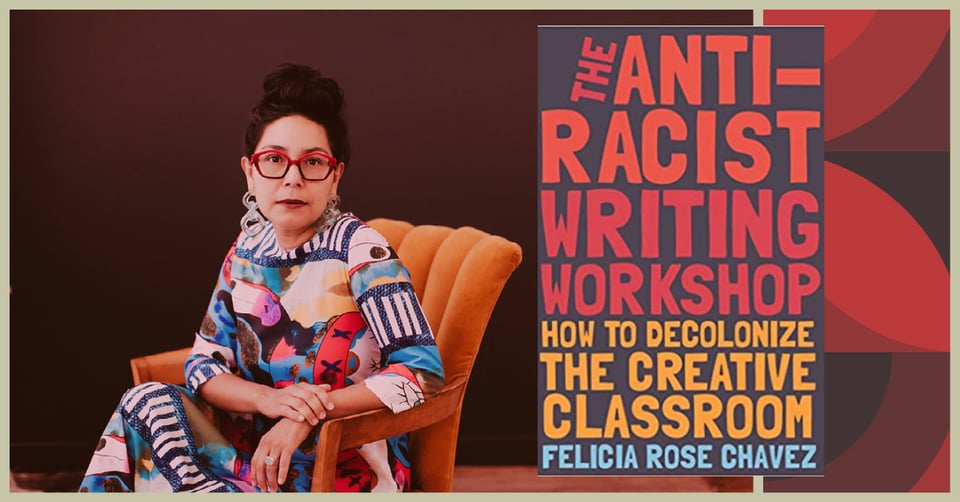 Dr. Chavez sitting on the right side of the image in a wonderfully colorful dress looking at the reader while the left side shows an enlarged cover of her book.