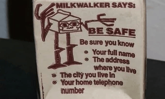 A terrifying walking milk carton cartoon
