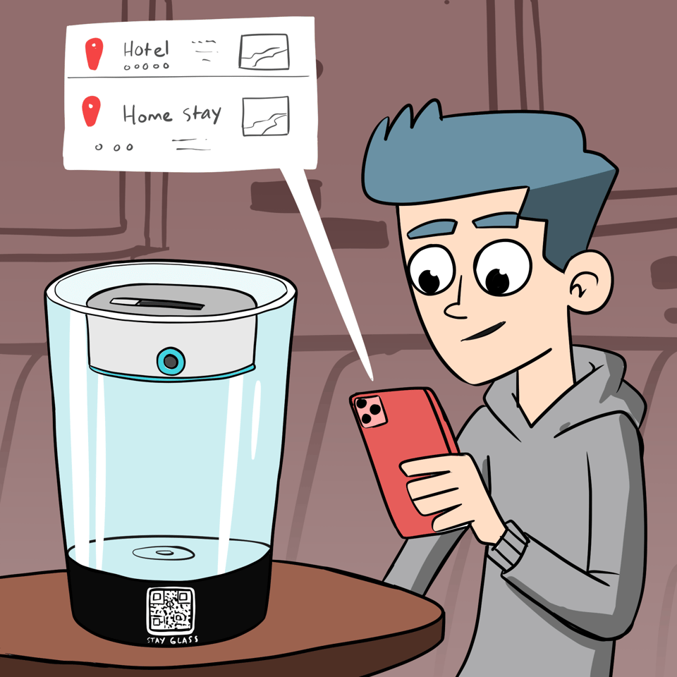 A man is looking at his phone which is suggesting hotel options to him which are being beamed to it by a glass with special scanning equipment within it.