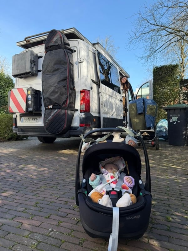 Coco and the van, ready to go