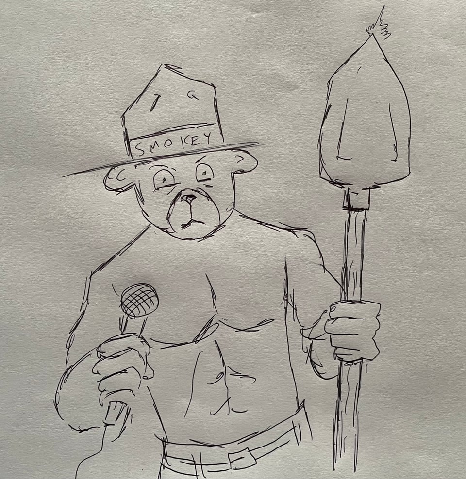 A rough sketch of a Smokey The Bear with a shovel and a microphone