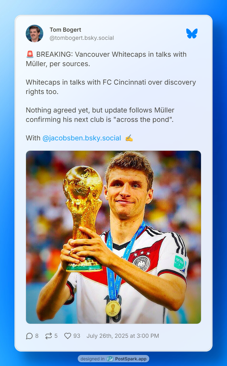 Post on Bluesky from Tom Bogart stating, "BREAKING: Vancouver Whitecaps in talks with Müller, per sources.  Whitecaps in talks with FC Cincinnati over discovery rights too.   Nothing agreed yet, but update follows Müller confirming his next club is "across the pond"."