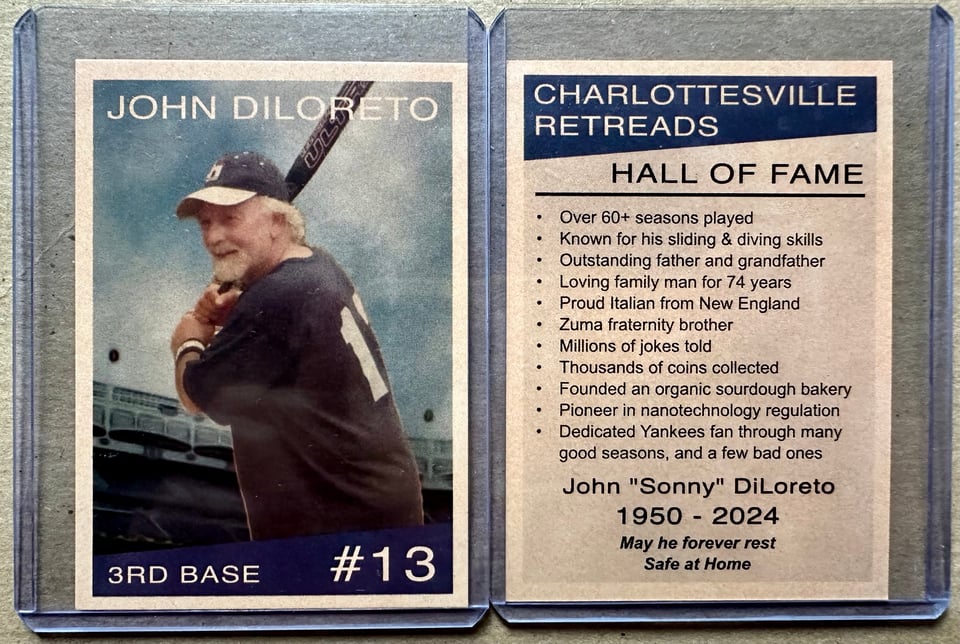 Photo of 2 sides of a memorial baseball card for my friend John DiLoreto