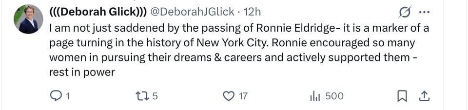 Assembly woman Deborah Glick salutes Ronnie Eldridge 