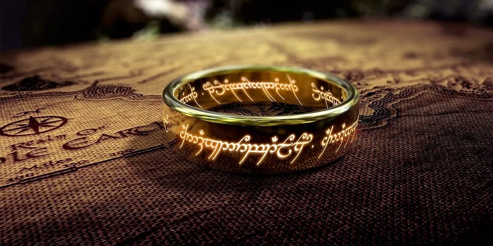 The One Ring, runes glowing, from J.R.R. Tolkein's epic fantasy novels.