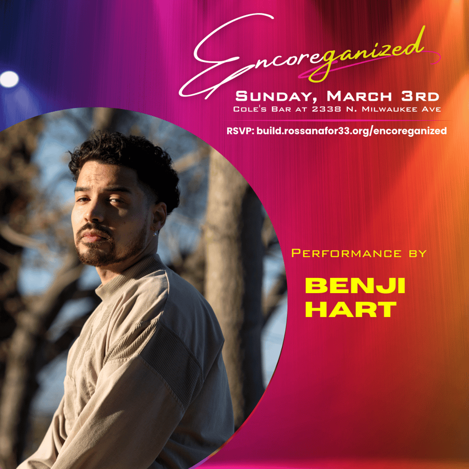 A colorful magenta and yellow infographic sharing the event text written elsewhere in this newsletter and a promotional photo of the artist whose bio is below.