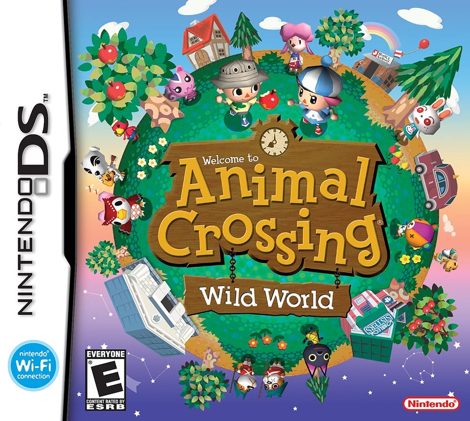 The cover for Animal Crossing: Wild World on Nintendo DS, circa 2005. It shows a small globe with various cartoony-looking 3D anthropomorphic animals standing around it, and a pair of human villagers at the top. Trees and buildings are sprinkled throughout. The title shows the Animal Crossing logo, a wooden board with the name printed across it in untidy yellow letters, with a clock embedded at its top. "Wild World" hangs as a sign beneath it, and Nintendo's branding, the rating, and the Nintendo DS branding sit below and to the side.