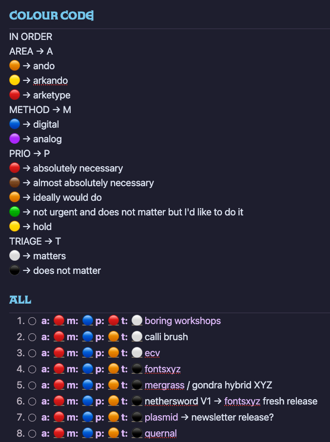 Complex colour code in Obsidian, with a few examples of tasks using it.