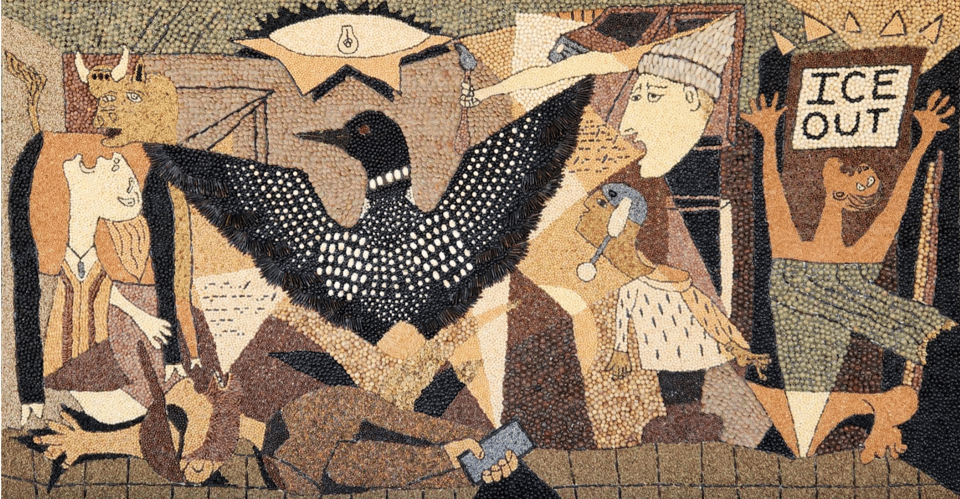 Painting by Jennifer Nelson. Guernica inspired but with images from the Minnesota ICE occupation. Made with beans! From the Minnesota State Fair.