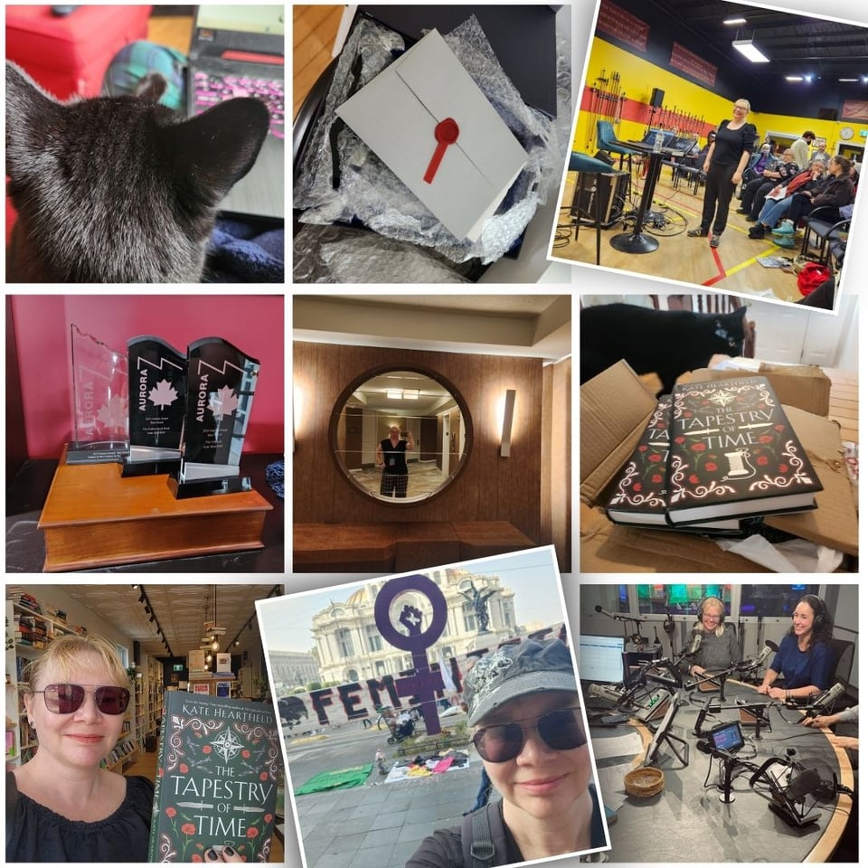 A collage of photos showing my travels and bookish events.